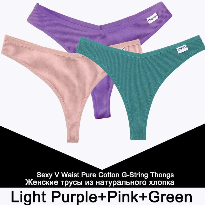FINETOO 3PCS/Set G-string Panties Cotton Women's Underwear Sexy Panty Female Underpants Thong Solid Color Lingerie T-Back Design
