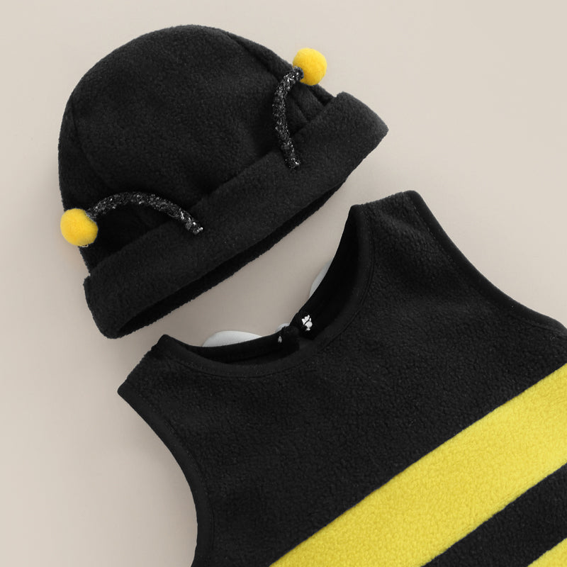 Baby Jungen Mädchen Biene Strampler Streifen Ärmellos Rücken Weiß Flügel Dekor Overalls Lässige Kostüm Kleidung Säuglingsbodysuits mit Hut.