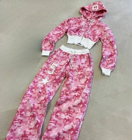 Y2K Fashion Pink Letter Graphic Zipper Sportswear Clothes Women's Casual Short Top Set Sweatshirt Loose Sport Pants.