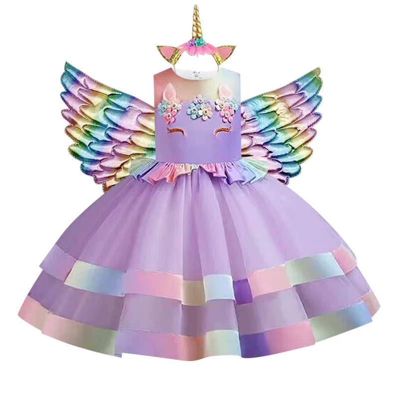 2023 Neues Regenbogen-Einhorn-Kleid für Mädchen, besticktes Tanzkleid, Halloween-Performance-Kleidung, Kinderkleidung, 3–10 Jahre alt