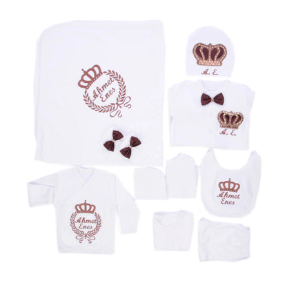 10-teiliges blaues 100 % Baumwollgewebe, gestrickt, Großhandel, individuell gestaltet, Neugeborene, neues Design, Winterkleidung, Kleidung, Luxus-Baby-Strampler-Set