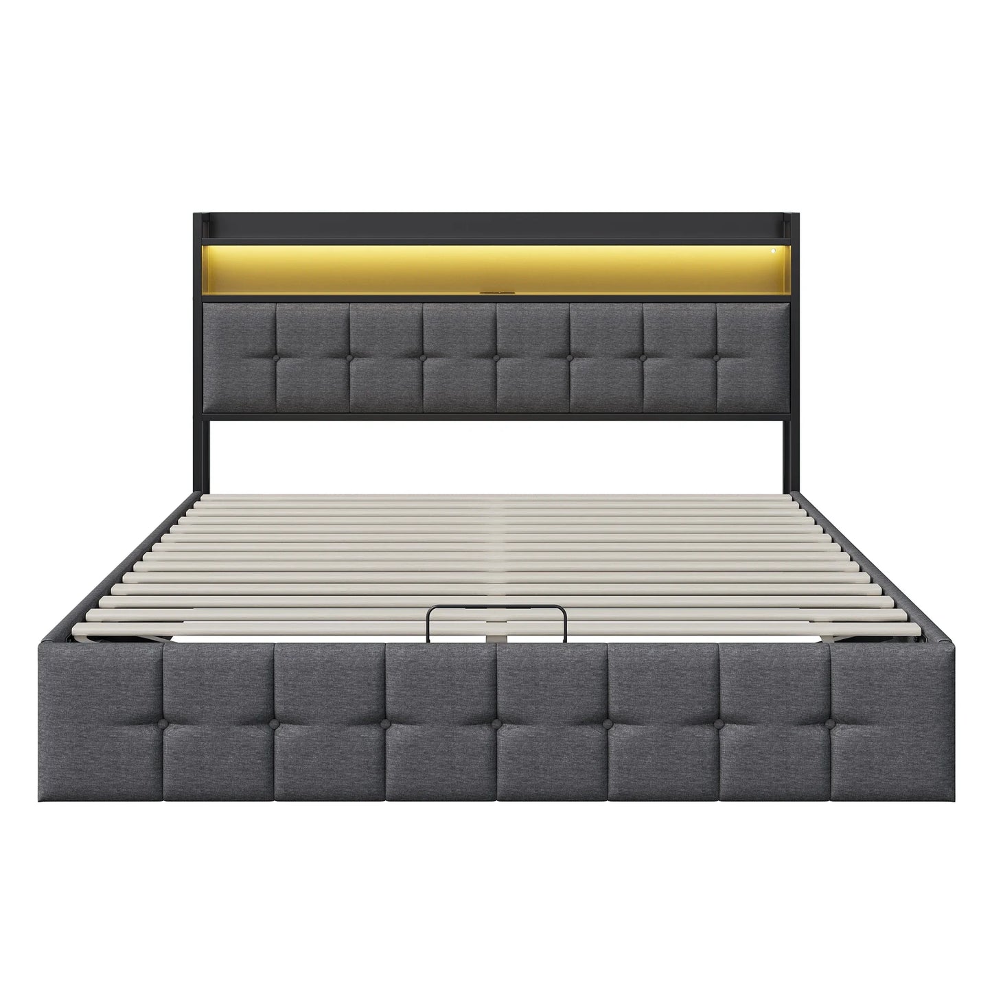 Rosahqnda Doppelbett 160 x 200 cm, mit Steckdose und LED, Kopfteil mit Stauraum und hydraulischem Stauraum, Schlafzimmer für Teenager, Leinen/PU