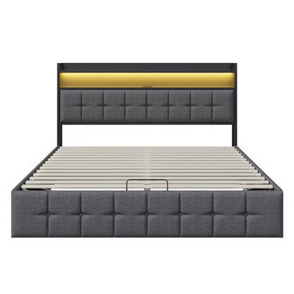 Rosahqnda Doppelbett 160 x 200 cm, mit Steckdose und LED, Kopfteil mit Stauraum und hydraulischem Stauraum, Schlafzimmer für Teenager, Leinen/PU