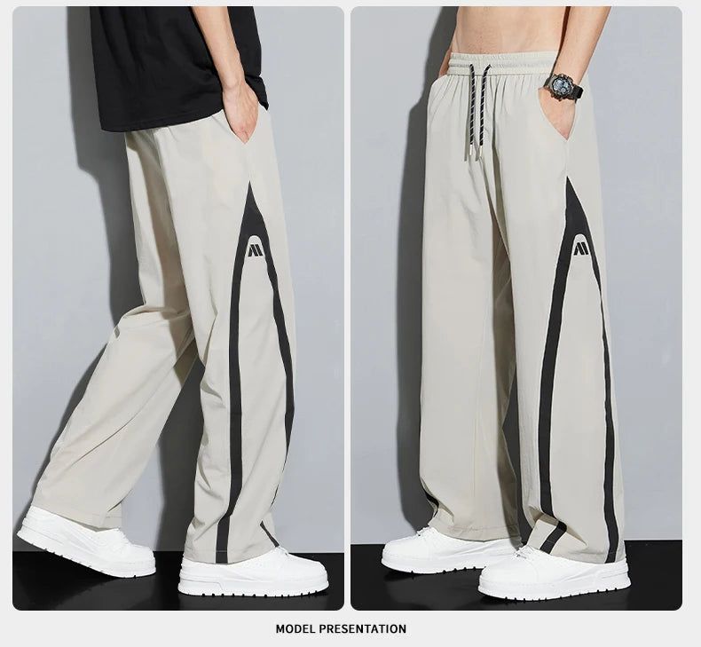 2025 Summer Ice Silk Casual Pants Boys Casual Peplum Pants Handsome Straight Colorblocking Sports Pants.