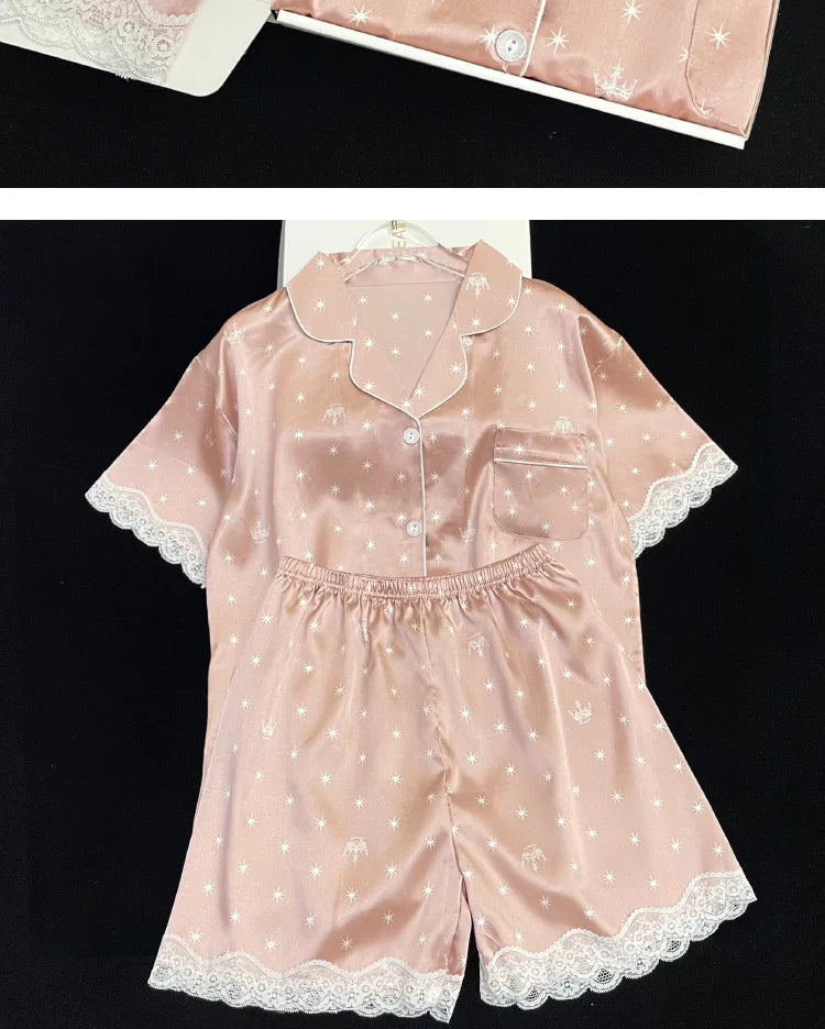 Frauen Neue Sommer Eis Seide Ins Sterne Floral Süße Pyjamas Mädchen Sommer Kurzarm Shorts Studentenwohnheim Homewear Anzug.