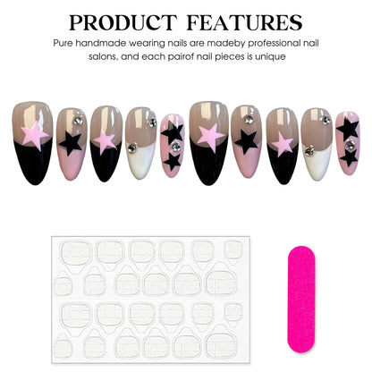 10pcs Handmade Press On Nails Black White Pink French Style False Nails Paches Star Designs Wearable Almond Fake Nail For Women.