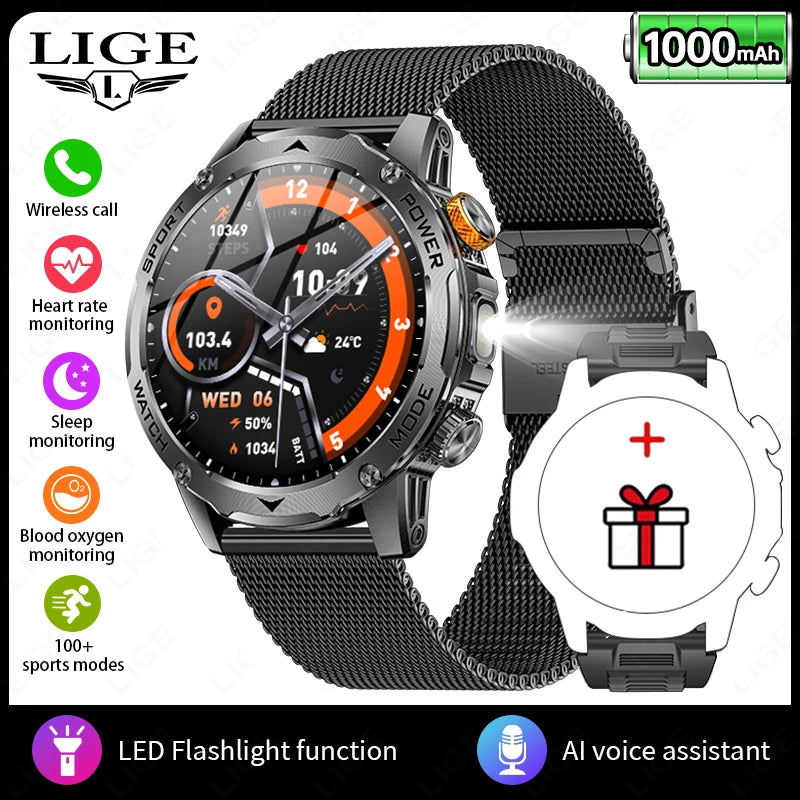 LIGE 2025 New For HUAWEI Xiaomi 1000mah AMOLED Smart Watch Men Sports Fitness LED Flashlight 3ATM Waterproof BT Call Smartwatch
