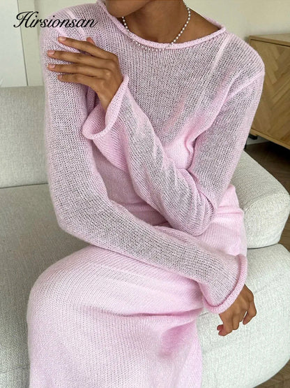 Hirsionsan Frühling Herbst Oansatz Elastische Stricken Lange Kleider Frauen 2024 Elegante Chic Weiche Dame Aushöhlung Pullover Kleider Femme Neue.