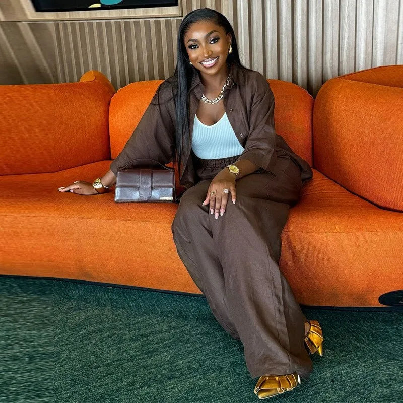 Spring and summer casual shirt long pants two-piece set 2025 new women's fashion lapel loose suit women's daily wear.