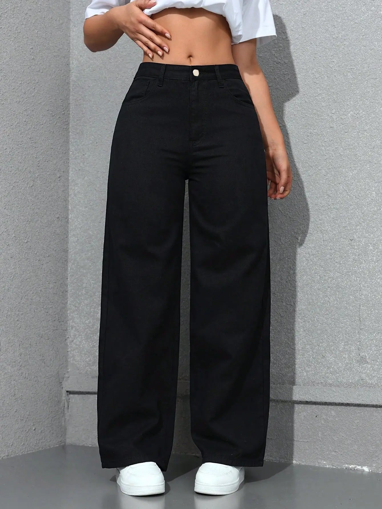 Retro Loose Wide Leg Jeans Fashion Women Solid Straight Wash High Elastic Waist Denim Pants Casual Streetwear Pocket Trousers.