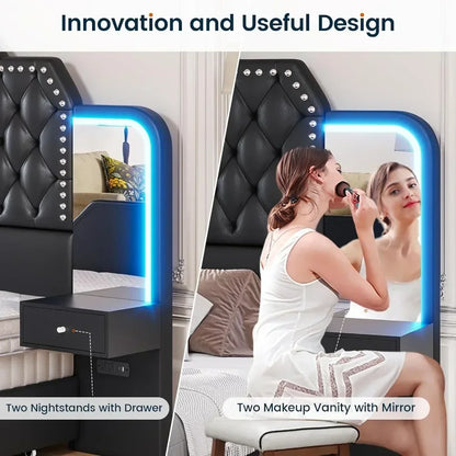 Gepolsterter Queensize-Bettrahmen aus PU-Leder mit tiefem, getuftetem Kopfteil und Kopfteilen für Schlafzimmer, schwarzer Plattform-Bettrahmen