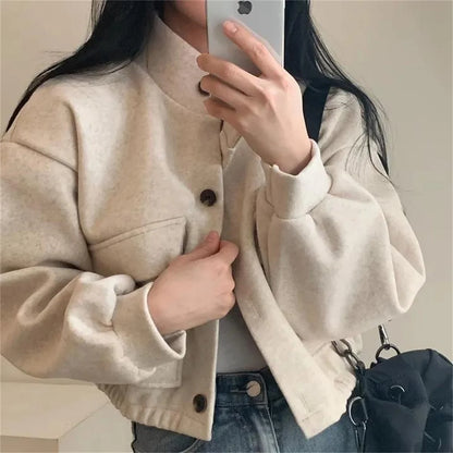 Korean Fashion Herbst Winter Mantel Frauen Neue In Stehen Neck Feste Taste Lose Jacke Dame Casual Straße Outwear Vintage Kleidung