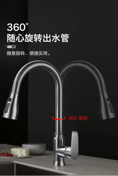 Kitchen faucet pull-out spray head 360 degree rotation hot and cold water pull-out black and silver single hole kitchen faucet