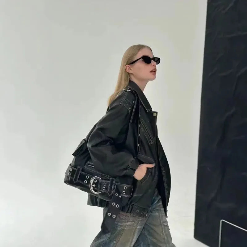 Belt buckle Women Luxury Designer Handbag And Purses PU Rivet Multiple Pockets Y2K Large Capacity Shoulder bags big totes.