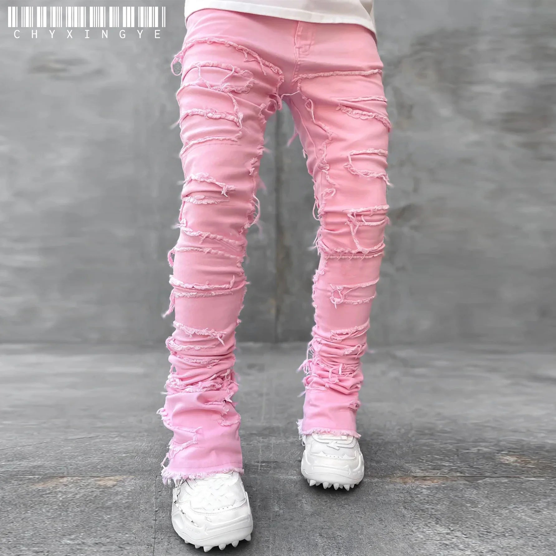 Men's Regular Fit Stacked Jeans Ripped Slim Fit Patch Distressed Destroyed Straight Denim Pants Hip Hop Streetwear Trouser Cloth.