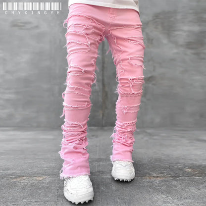 Men's Regular Fit Stacked Jeans Ripped Slim Fit Patch Distressed Destroyed Straight Denim Pants Hip Hop Streetwear Trouser Cloth.