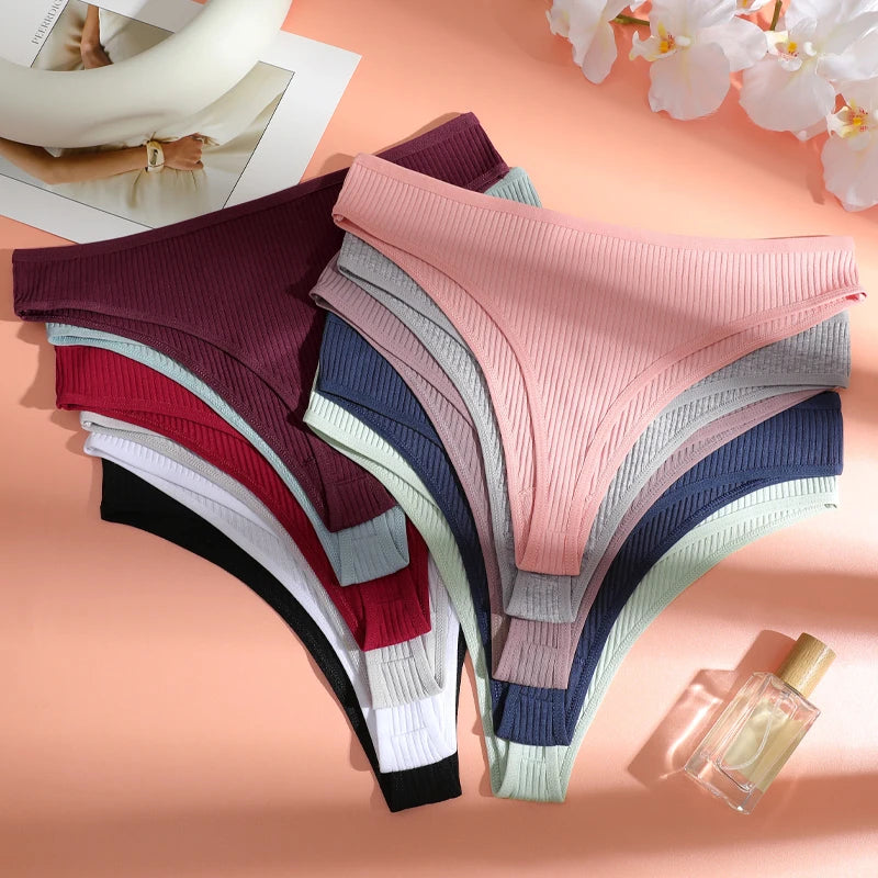 New 7Pcs/Set Seamless Cotton Fabric Thongs For Women Sexy Solid Color Stripe Underwear Female Comfortable Breathable Underpants.