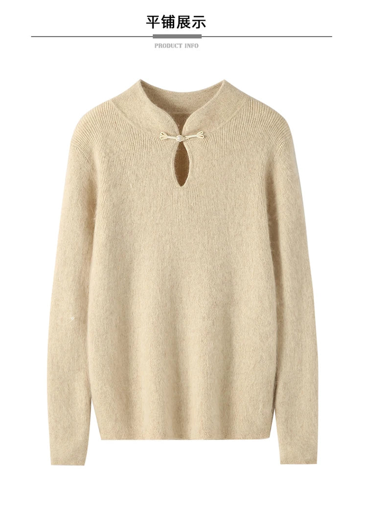 2024 autumn winter new 100% mink cashmere sweater women's pullover slim-fit long sleeve solid color stand collar bottom knitwear