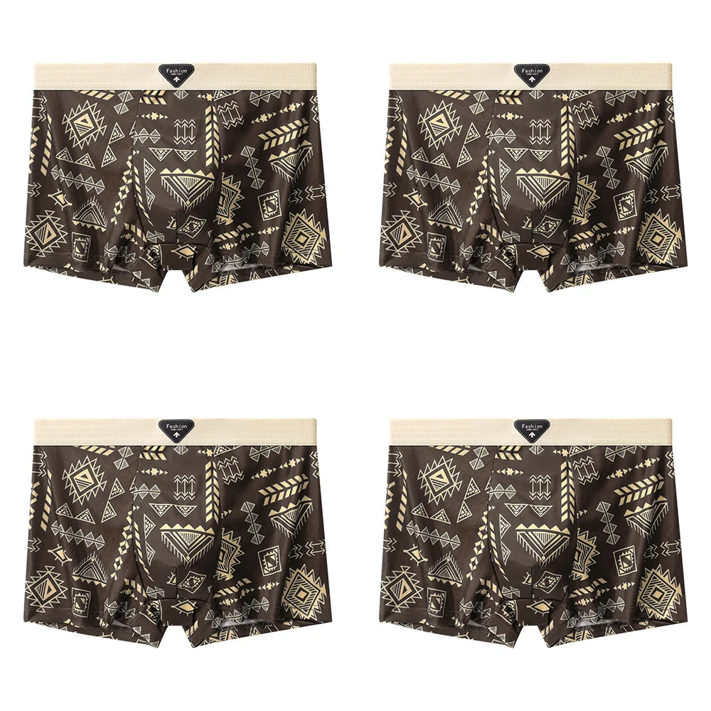 4Pcs Boxer Shorts männer Unterwäsche Eis Seide Unterhose Sexy Höschen Gedruckt Boyshort Atmungsaktive Elastische Dessous Plus Größe L-4XL