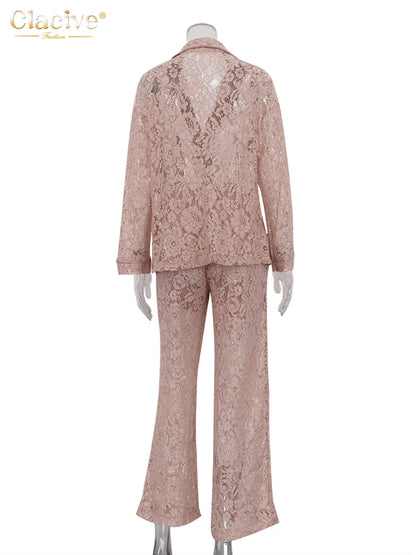 Clacive Sexy Loose Black Lace See Through Trousers Sets Women 2 Pieces Fashion Long Sleeve Shirt With High Waist Wide Pants Set.