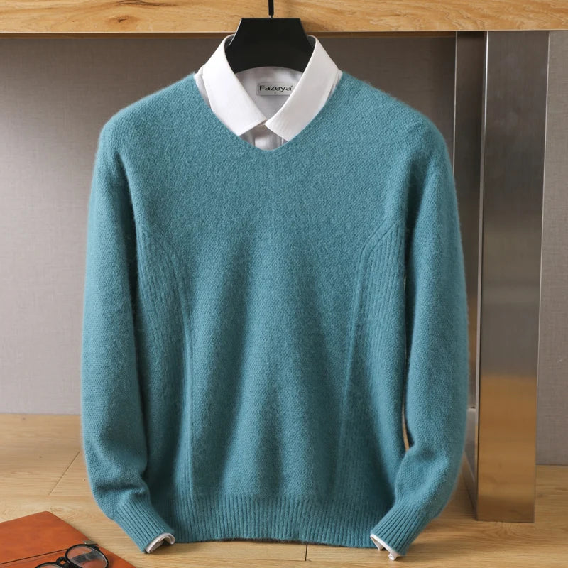 Men's 100% Pure Mink Cashmere Sweater V-Neck Pullovers Knit Large Size Mink Sweater Winter New Tops Long Sleeve High-End Jumpers