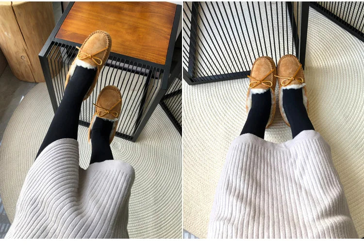 New 100% Natural Wool Genuine Leather Women Flat Winter shoes Women Moccasins Casual Loafers Plus Size Winter shoes.