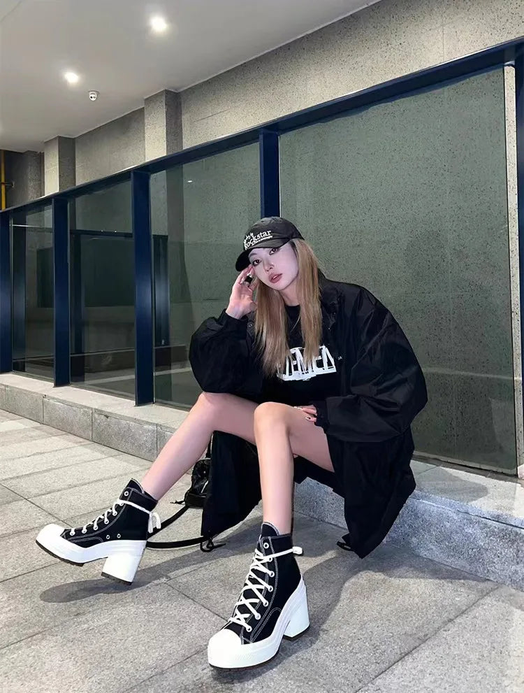 Women Platform Sneakers Canvas Shoes Personalized Luxry Heels Skateboard Lace Up Casual Fashion Outdoor Sneakers