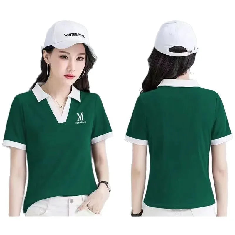 Loose Fit Women's Short Sleeve Polo Neck T-Shirt Summer Slimming Fashionable Top Quality Pure Color Cross-Border Independent.