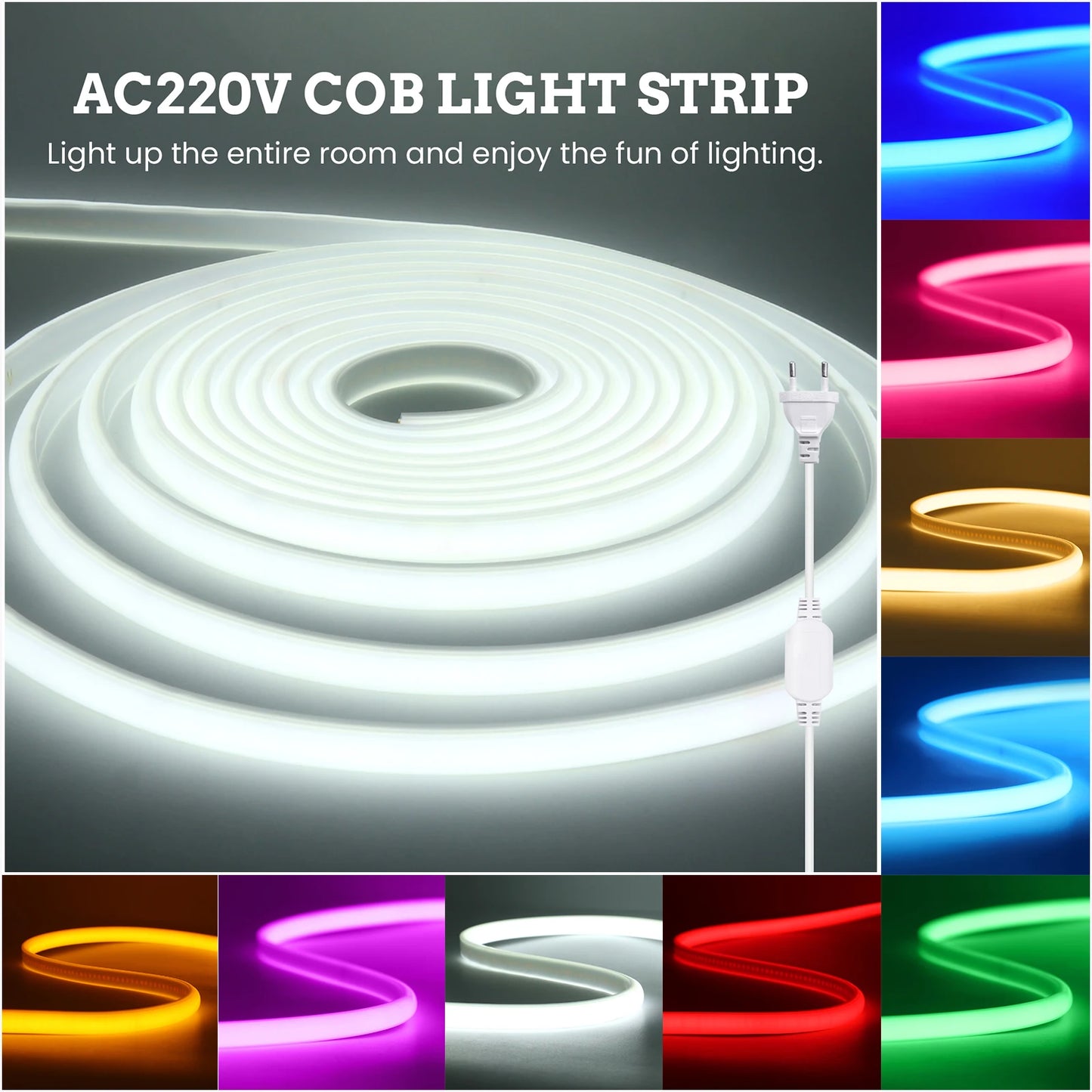 220V COB LED Light Strip Waterproof With EU Plug Red/Blue/Pink/Green Home Outdoor Garden Lighting Flex Silicone Tube Neon Lamp.