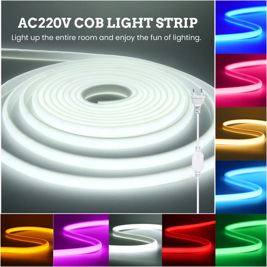 220V COB LED Light Strip Waterproof With EU Plug Red/Blue/Pink/Green Home Outdoor Garden Lighting Flex Silicone Tube Neon Lamp.