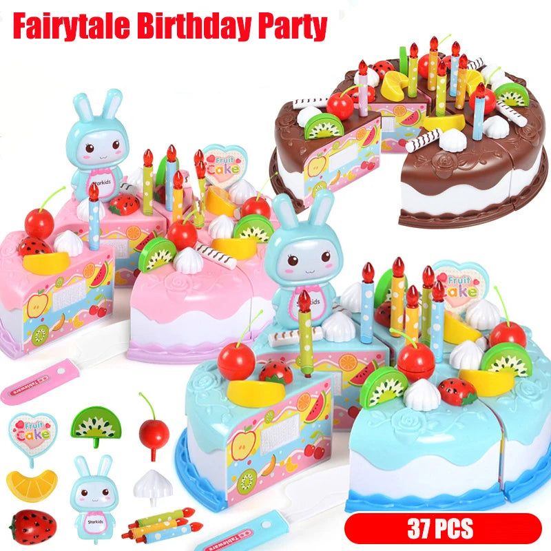 Kids Toy Simulation DIY Birthday Cake Model Kitchen Pretend Play House Cutting Fruit Food Toy for Toddler Children Gift Boy Girl.
