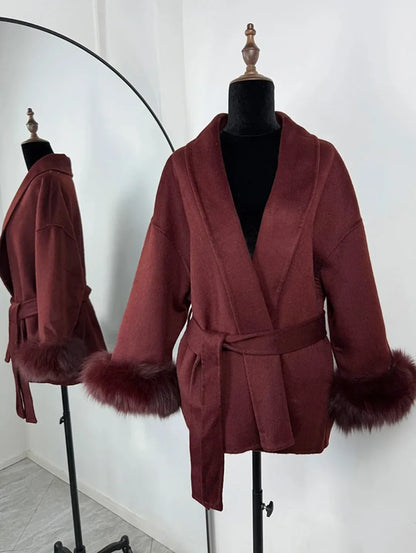 2025 Autumn Winter Chic Lapel Plush Coat With Belt Women Vintage Faux Fur Sleeve Tweed Open Coats Female Casual Street Outwear