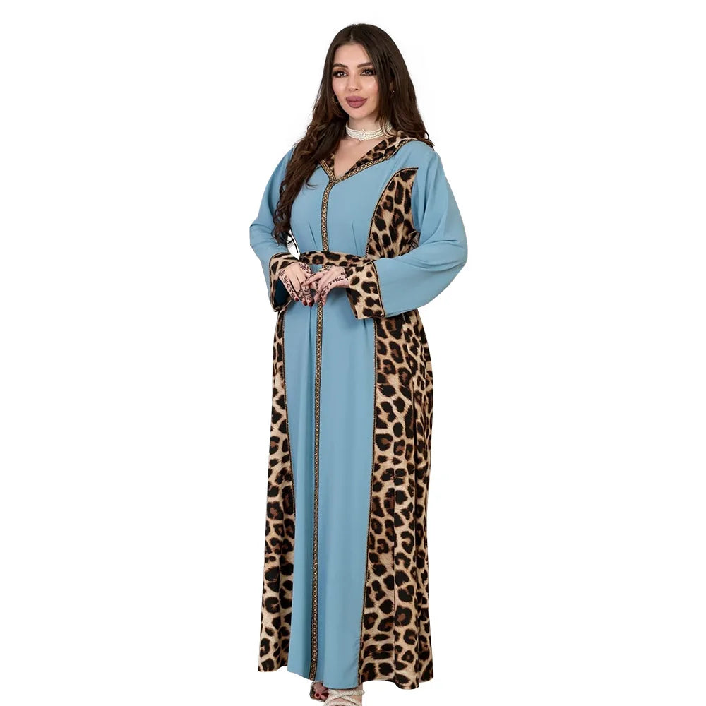 Elegantes arabisches Frauen-Partykleid, afrikanischer V-Ausschnitt, Leopardenmuster, langärmelig, Abaya, modische muslimische Dame, Urlaubskleid, islamische Kleidung