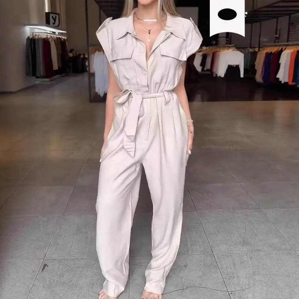Elegant Women Jumpsuit Lapel Sleeveless Belt Design Romper with Pockets Solid Color Wide Leg Pants Versatile Jumpsuit.