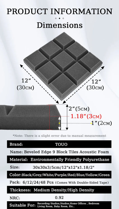 TOUO 6/12/24 Pcs Beveled Edge 9 Block Tiles Acoustic Foam Flame Retardant Soundproof Material Drum Room Acoustic Treatment