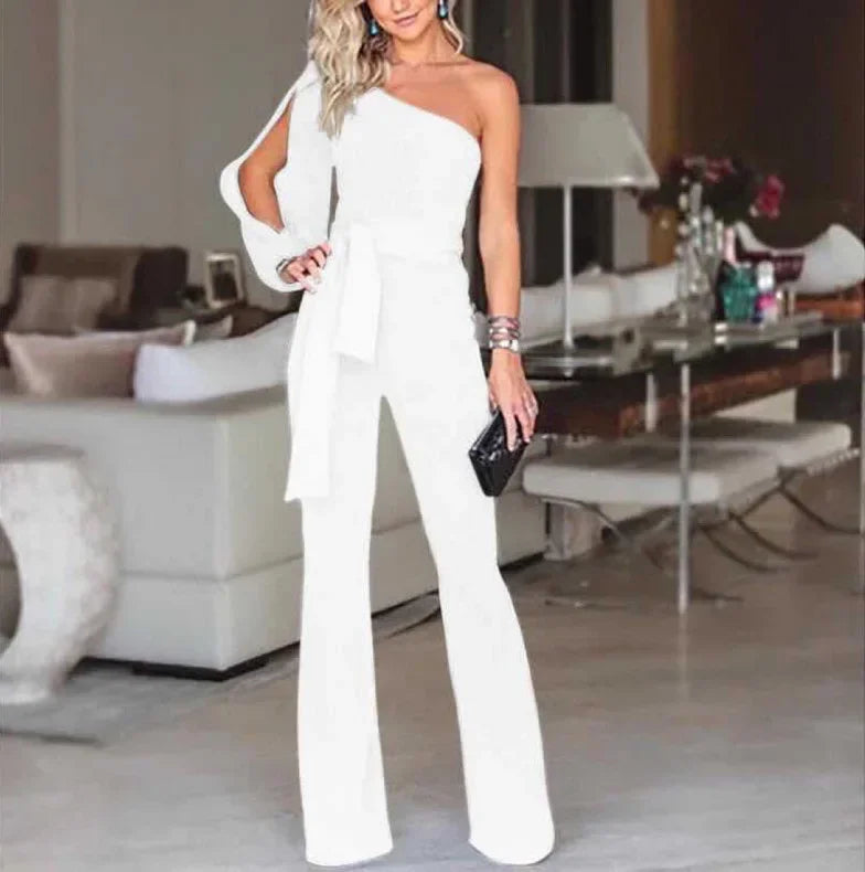 2025 Summer New Women's High Waist Tie Up Solid Color Slim Fit Sexy Jumpsuit Slant Shoulder Elegant Banquet Women's Wear.