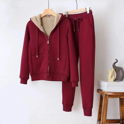 Women's Sweatshirt Pants Suit Autumn and Winter Warm Long-sleeved Fleece Thick Hoodie Coat Jogger Pants Sportswear Two-piece Set.
