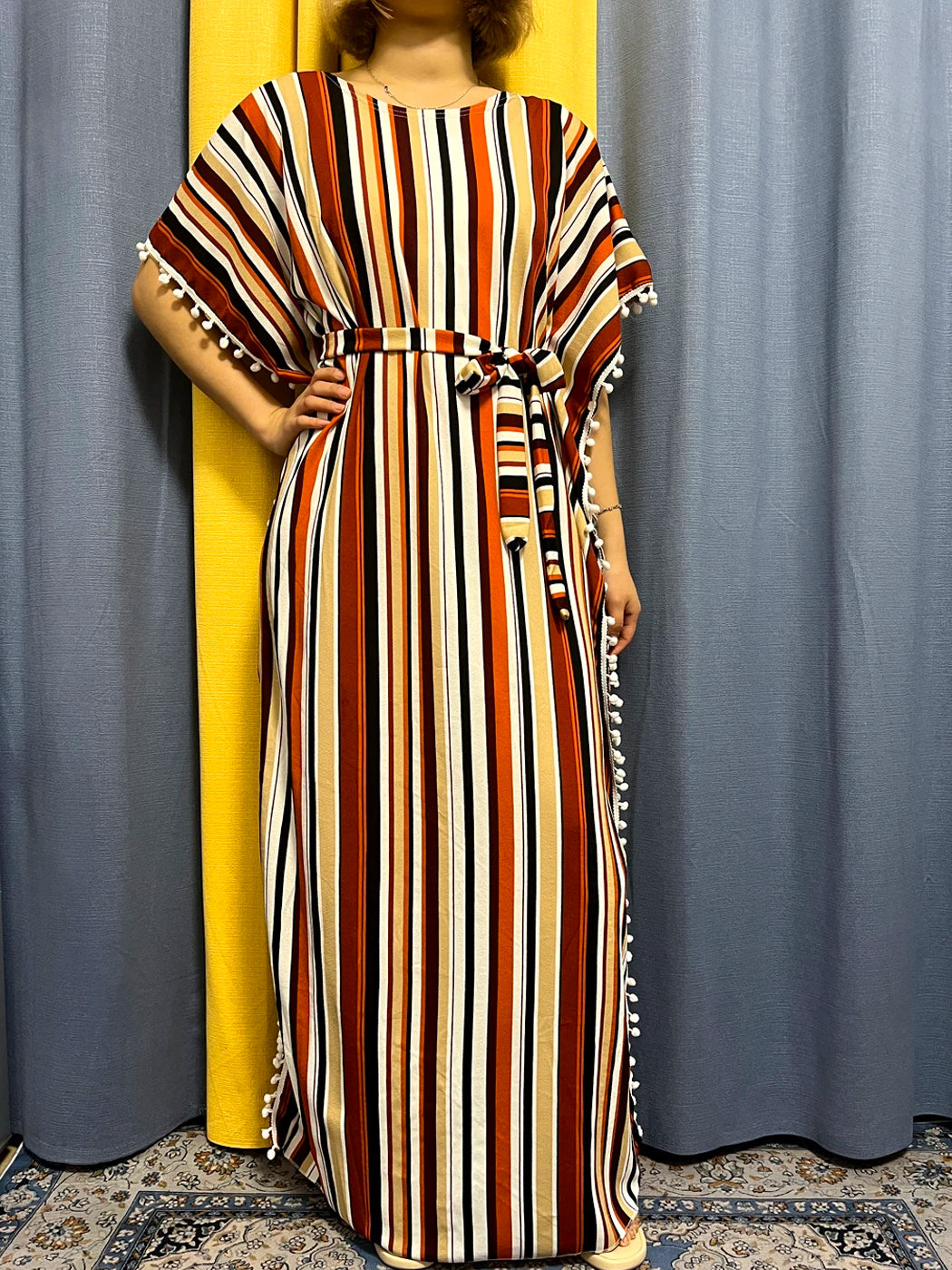 Abayas For Women 2024 Printed Vertical Stripe Tassels Elasticity Loose Fit Femme Robe African Woman Dresses With Belt Headscarf