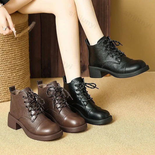 Women Short Boots 2025 Autumn Winter New Fashion Lace Up Vintage Middle Heel Shoes Outdoor Non Slip Height Increase Ankle Boots.