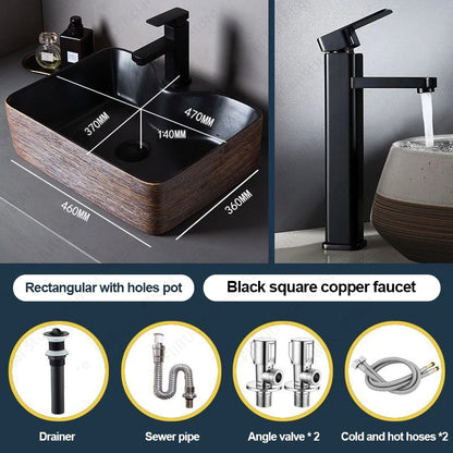 Braunes Porzellan-Keramik-Waschbecken über der Theke, Waschtisch, Schüsselbecken, Badezimmer, Sanitär, Balkon, Tisch, Waschbecken, Arbeitsplatte, ovales Waschbecken