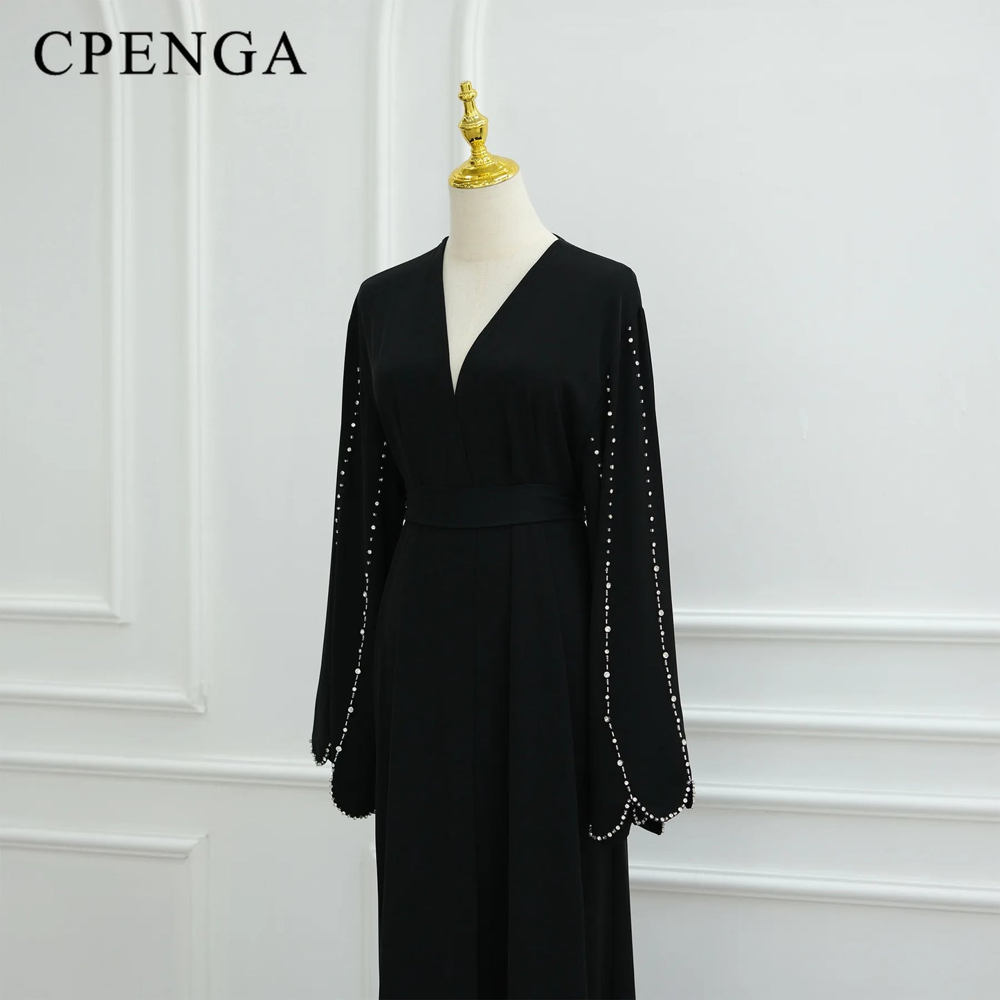 Middle Eastern Modest Dress with Pearl Sleeve for Muslim Women Ramadan Dubai Black Abaya Islam Party Jalabiya Outfit Turkey Robe.