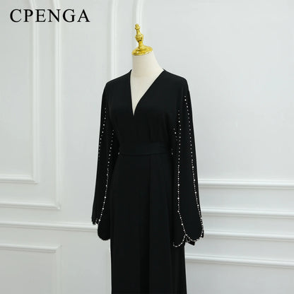 Middle Eastern Modest Dress with Pearl Sleeve for Muslim Women Ramadan Dubai Black Abaya Islam Party Jalabiya Outfit Turkey Robe.