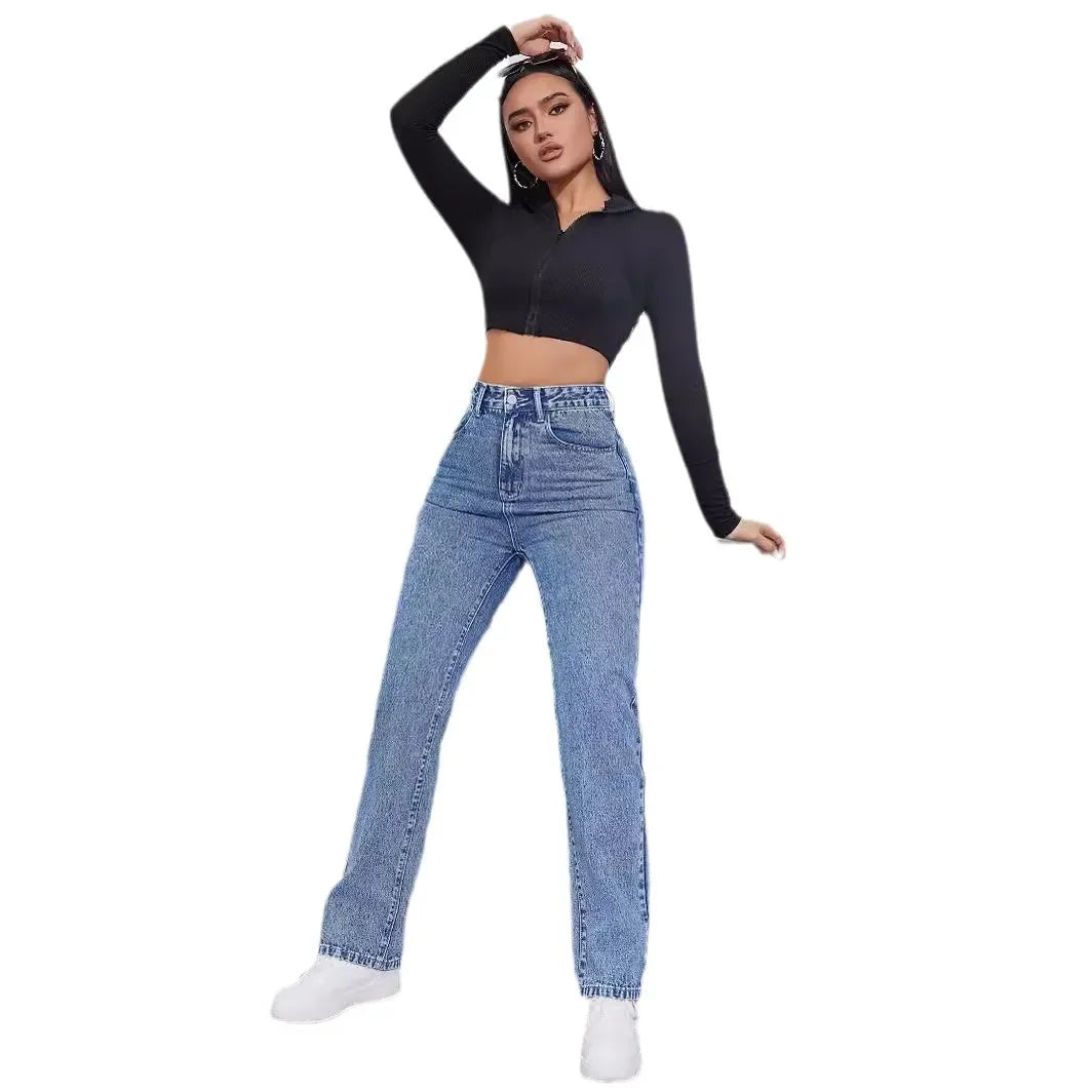 Women's High Waist Loose Comfortable Slimming Fashionable Straight Leg Casual Long Jeans Durable Quality from Mainland China.
