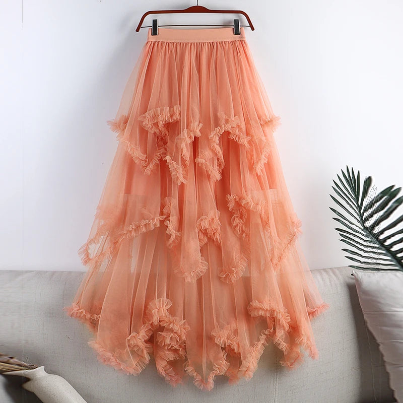 Autumn Winter New 2025 Irregular Cake Tulle Skirt Women Sweet Midi Long High Waist A Line Skirt Female Mesh Party Skirt Lady