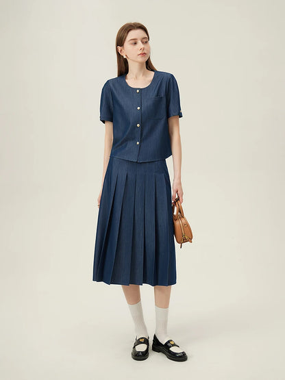 FSLE 2025 New Arrival Women Zipper Waist Office Lady Elegant Grey Skirt Pleated Design Navy Blue Color Long Skirt Daily Outfits