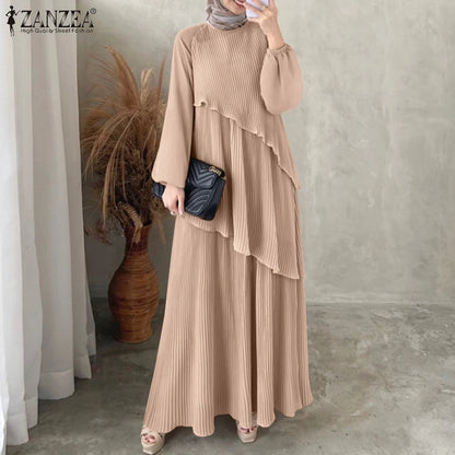 2025 ZANZEA Fashion Women Autumn Long Sleeve Maxi Sundress Muslim Abaya Dresses Duabi Robe Femme IsIamic Clothing Hijab Vestidos.