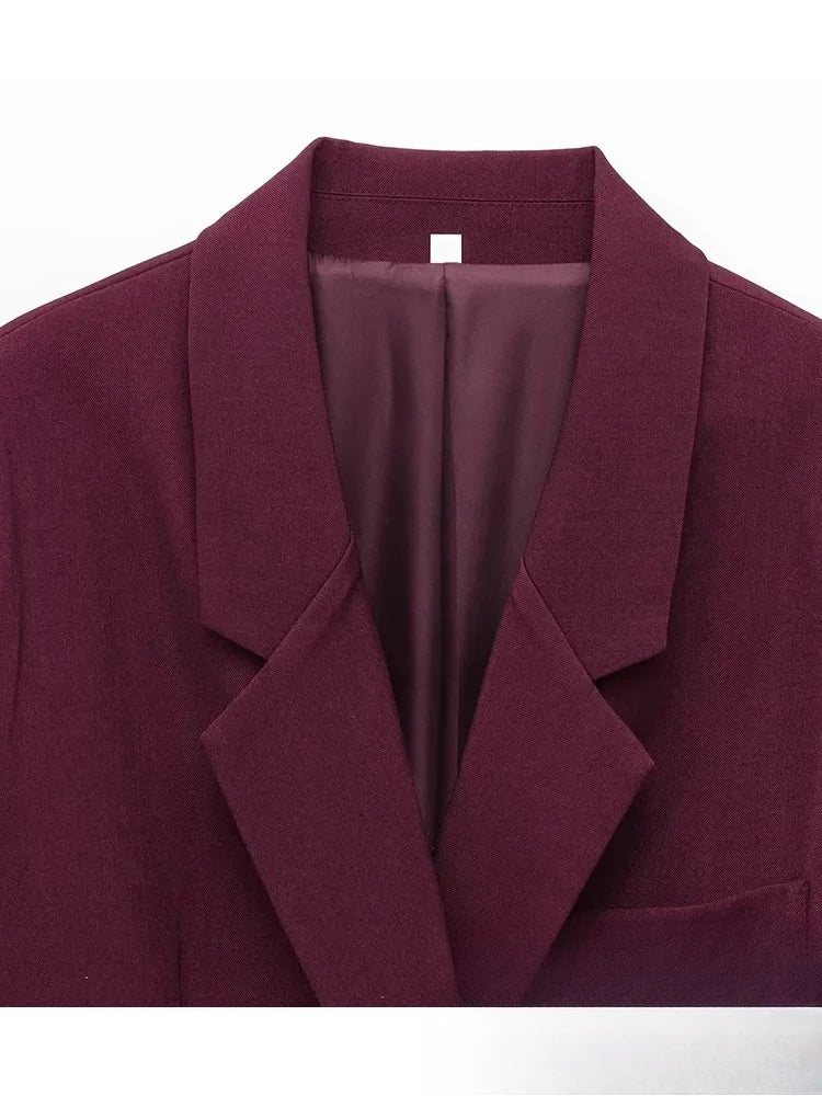 KONDALA Vintage Chic Office Lady Red Solid Women Suit Notched Single Button Pockets Blazer Straight Loose Pants Fashion 2025 Set.