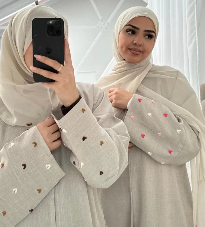 Heart Embroidery Thin Linen Open Abaya Kimono Muslim Dress Abayas for Women Dubai Luxury Turkey Ramadan Eid Islam Clothes Kaftan.