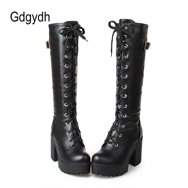 Gdgydh Hot Sale Spring Autumn Lacing Knee High Boots Women Fashion White Square Heel Woman Leather Shoes Winter PU Large Size 43.