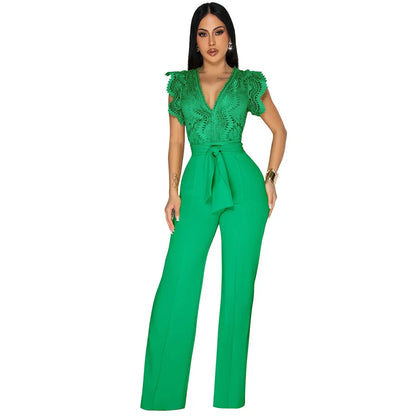 Summer Fashion Lace High Waisted Jumpsuit Women Elegant OL Lace Sleeveless Waistband Straight Jumpsuit Women